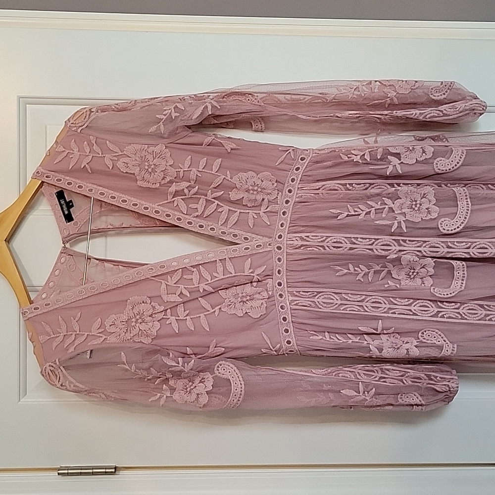 Size small, blush pink, lace, long sleeve, deep V neckline, shorts underneath